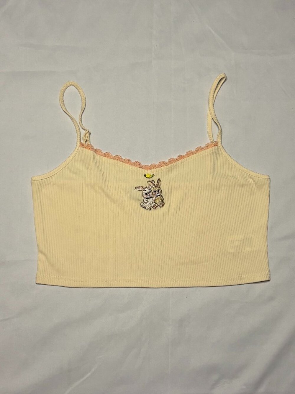 Cider Bunny Graphic Sweetheart Neck Lace Trim Cami Tank Top